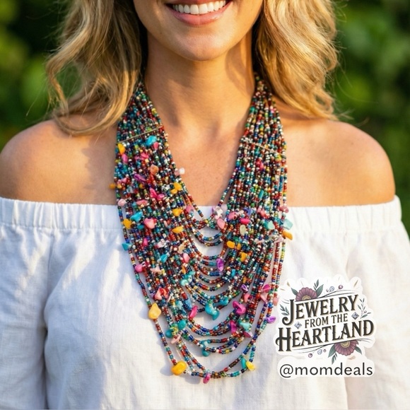 JFH Jewelry - Multi-strand Shells & Seed Beads Multicolored Bib Necklace Layered Bright Pastel